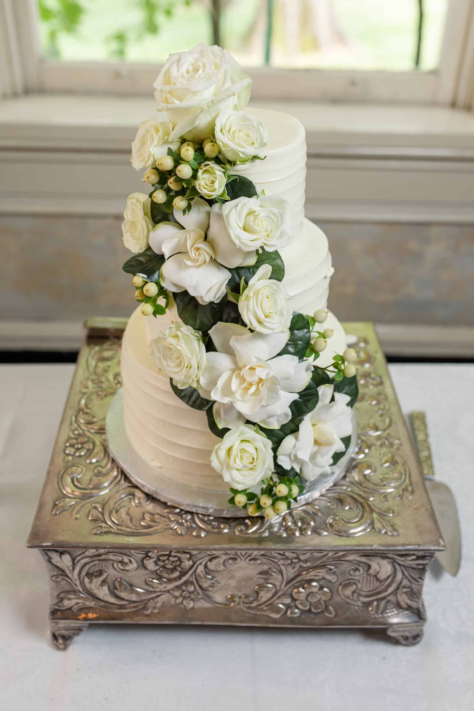wedding cake with white flowers